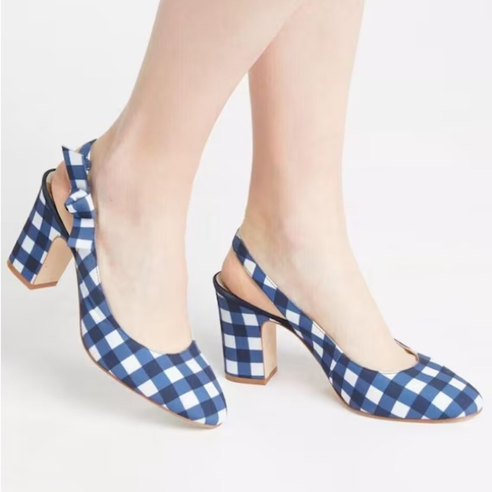 Boden Sena Block Heel Navy Gingham Checkered Slingbacks 37 6.5 Preppy